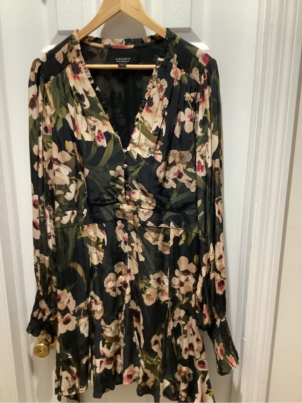 ALLSAINTS Black Floral Long Sleeve Ruffle Button Dress US 12